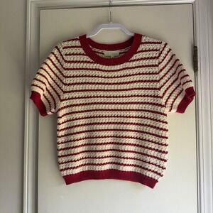 Pinch Charlene Short Sleeve Striped Sweater Red Cream Textured Knit Crew Neck M